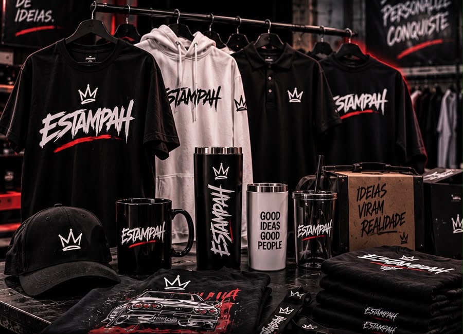 Arara com camisetas, moletom e polo, além de copos, canecas e boné personalizados Estampah