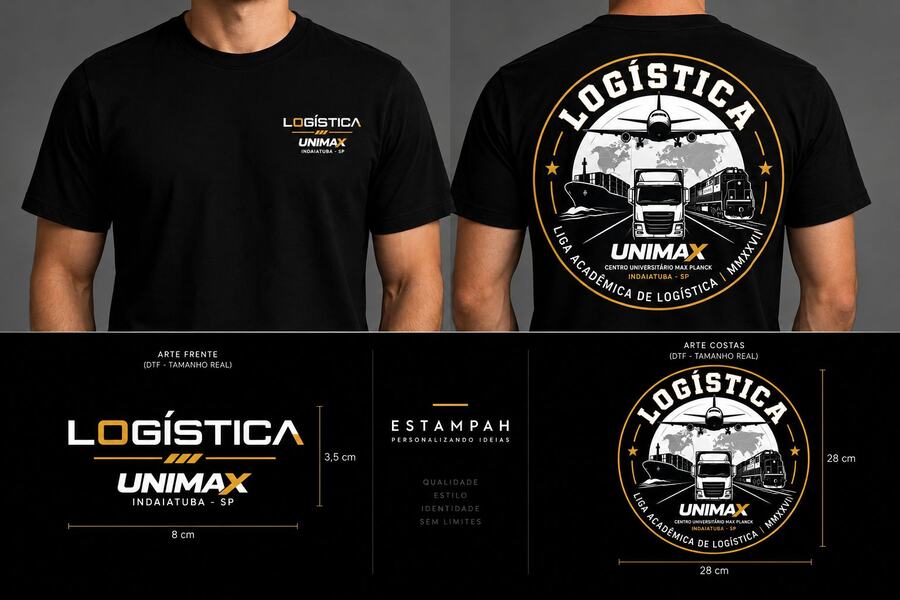 Camiseta preta com estampa de liga acadêmica de logística, frente e costas