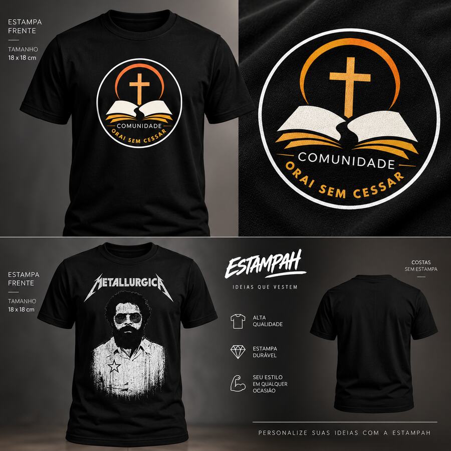 Camisetas pretas com estampas de comunidade religiosa e paródia de banda