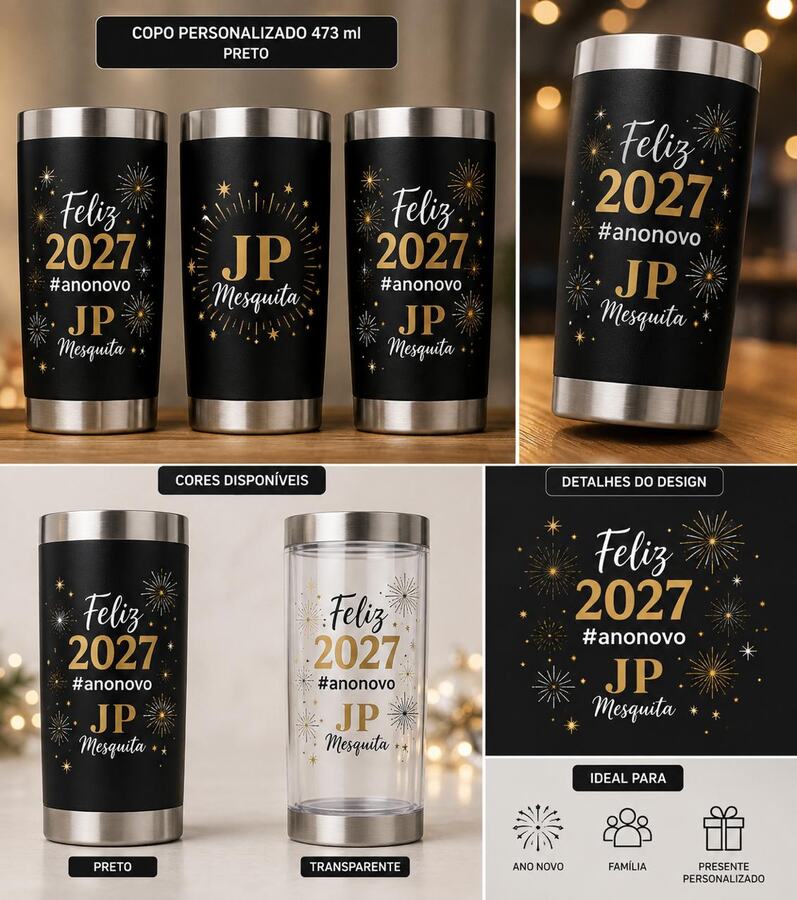 Copo térmico preto personalizado com nome e mensagem de ano novo
