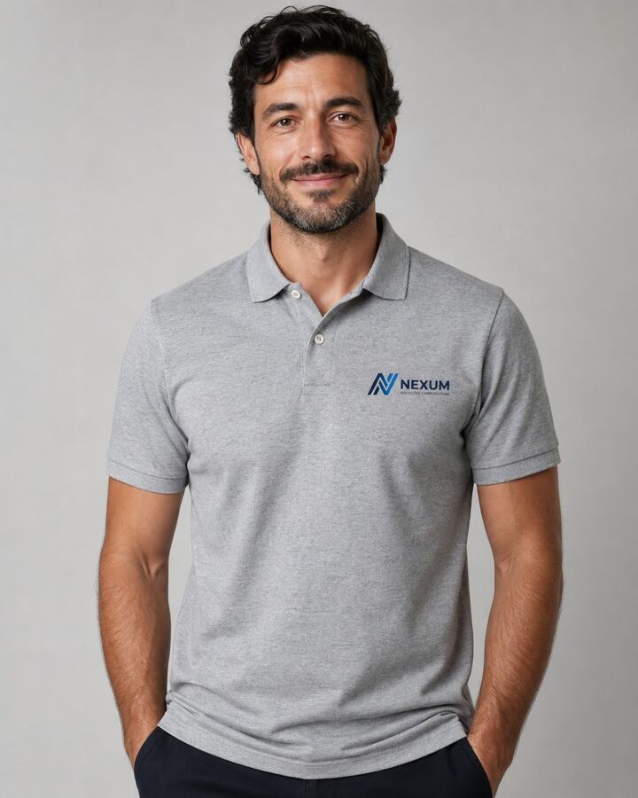 Camisa polo cinza com logo de empresa bordado no peito