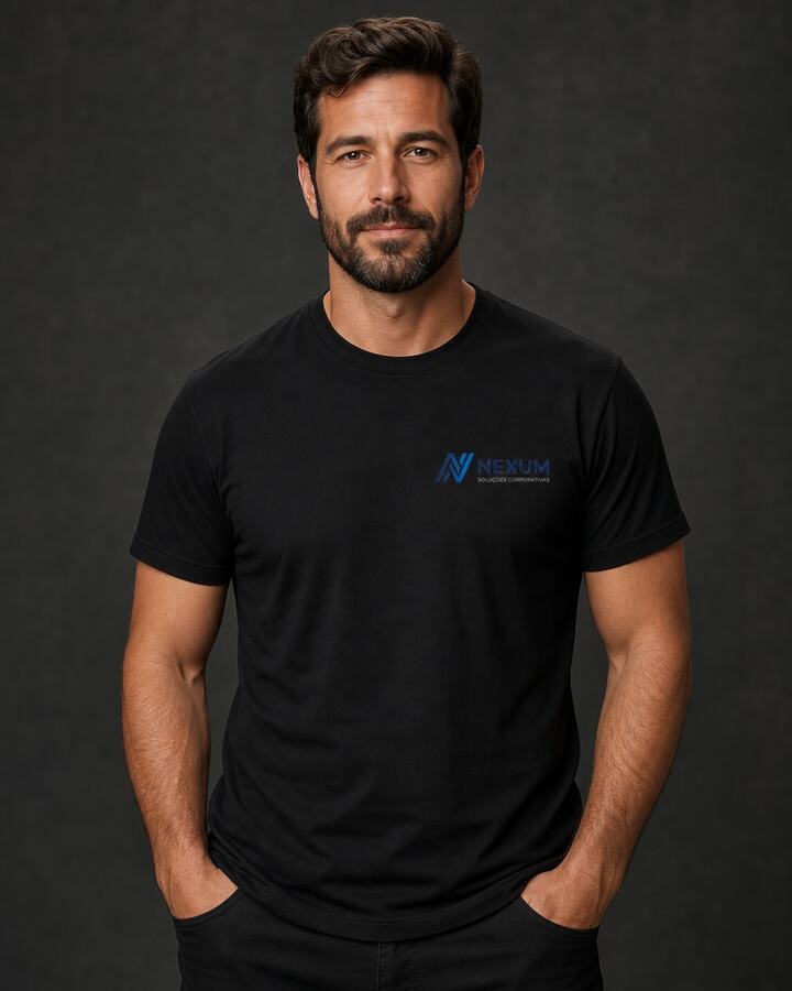 Camiseta preta com logo de empresa estampado no peito